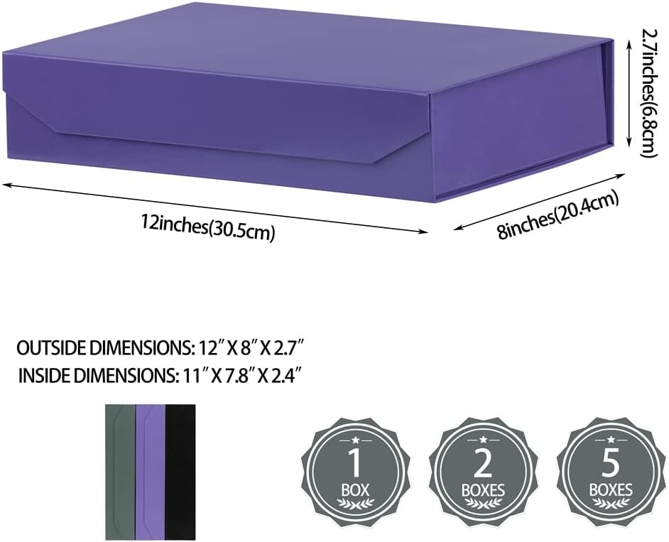 Small Purple Gift Boxes with Lids - 12 x 8 x 2.7 Inches - Glossy Surface - Includes Ribbon, Magnetic Closure - Bulk Cute Boxes for Packaging Presents and Shirts