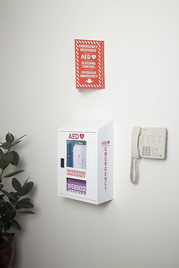 Automated External Defibrillator AED Cabinet with First Aid Kit Compartment | Wall Mount Compatible AED & First Aid Storage, Non-Alarmed, Steel | Home, School, Business, Gym | AED Not Included
