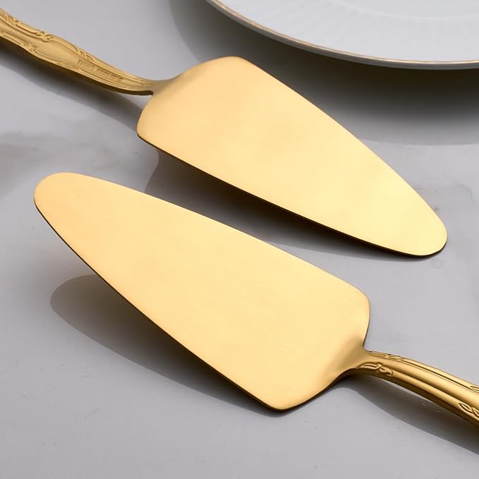 Deeny Jarte 3-Piece Matte Gold Cake Server Set - 9.3-Inch Stainless Steel Cake Server Spatula with Decorative Rose Handle – Rust-Resistant, Dishwasher Safe, for Weddings, Birthdays