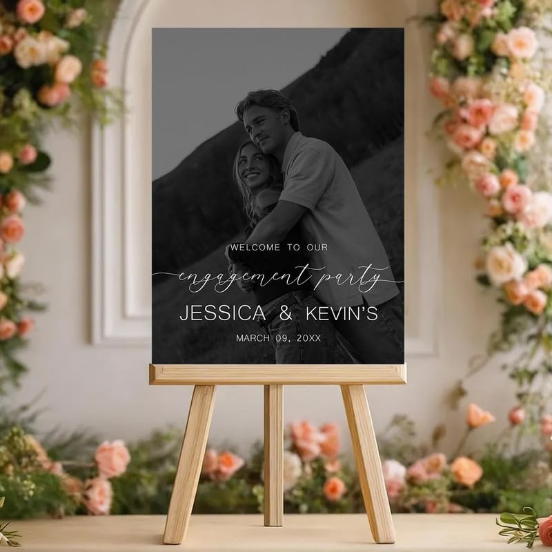 Black & White Photo Engagement Party Welcome Sign - Modern & Romantic Decor with Custom Photo