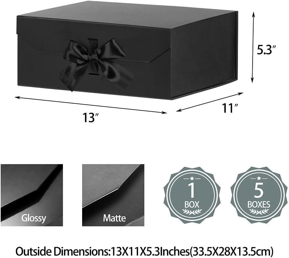 Black Gift Boxes Large 13x11x5.3 Inches, Black Boxes with Ribbon, Gift Box with Lid Magnetic Closure, Christmas Gift Boxes for Presents Graduation Storage (Matte Black)