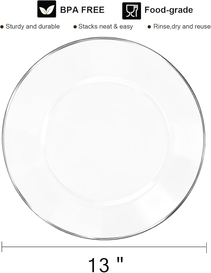 13 Inch Charger Plates, 16 Pack, Clear Charger Plates with Silver Rim, Heavy Duty Disposable Plastic Chargers for Dinner, Elegant Dining, Wedding, Party, Formal Event Decoration(16,Silver)
