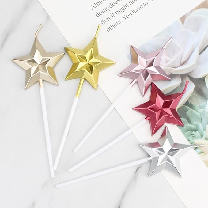 Saododku Birthday Candles, Star Shaped Birthday Candles for Cake, 5pcs Sparkler Candles for Birthday Cake, Metallic Multi-Colored Stereo Shaping Cake Candles Set