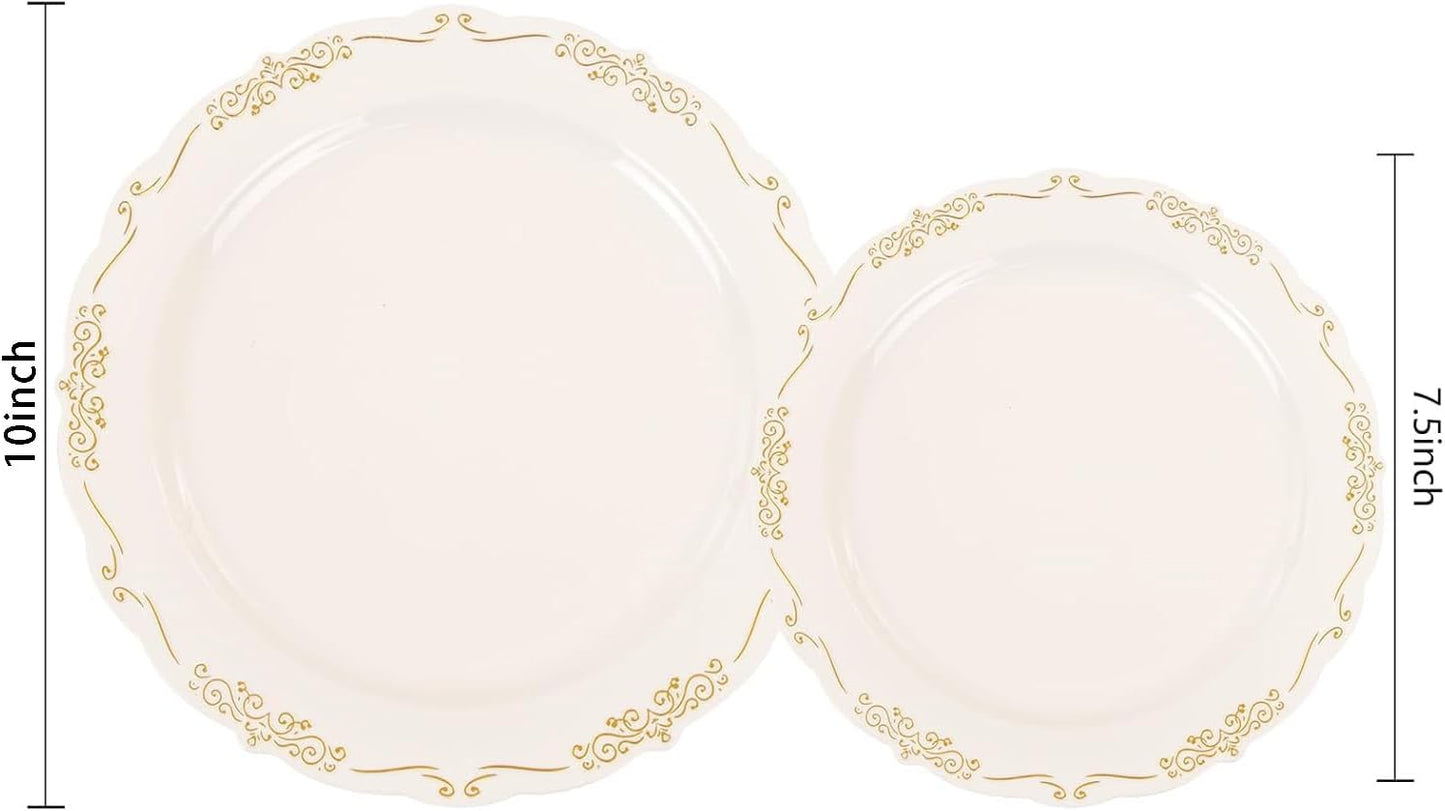 U-QE 100 PCS Ivory Thanksgiving Plastic Plates with Gold Rim - Gold Plastic Plates for Thanksgiving - Heavy Duty Disposable Use Including 50 10 '' & 50 7.5 ''