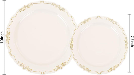 U-QE 100 PCS Ivory Thanksgiving Plastic Plates with Gold Rim - Gold Plastic Plates for Thanksgiving - Heavy Duty Disposable Use Including 50 10 '' & 50 7.5 ''
