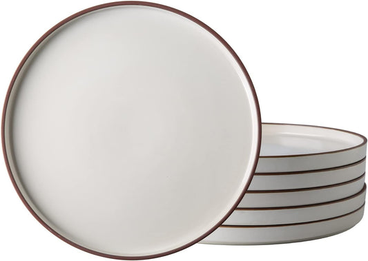 LERATIO Dinner Plates,10.75 Inch Ceramic Flat Plates Set of 6,High Edge Modern plates for Kitchen,Microwave & Dishwasher & Oven Safe, Scratch Resistant Dishes Set-White with Rim