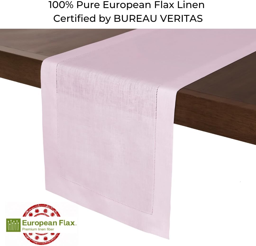 D'Moksha Homes Linen Pastel Pink Table Runner 54 Inches - Classic Hemstitch, 100% Pure Linen Coffee Table Runner 14 x 54 Inch Ideal for Dresser Tables - Fall, Autumn and Halloween