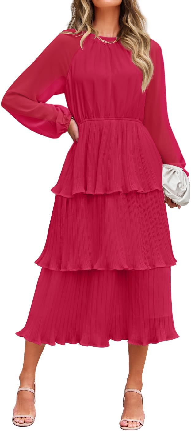 ZESICA Women's 2025 Long Sleeve Crew Neck Ruffle Tiered Layered Chiffon Flowy Swing Long Midi Dress