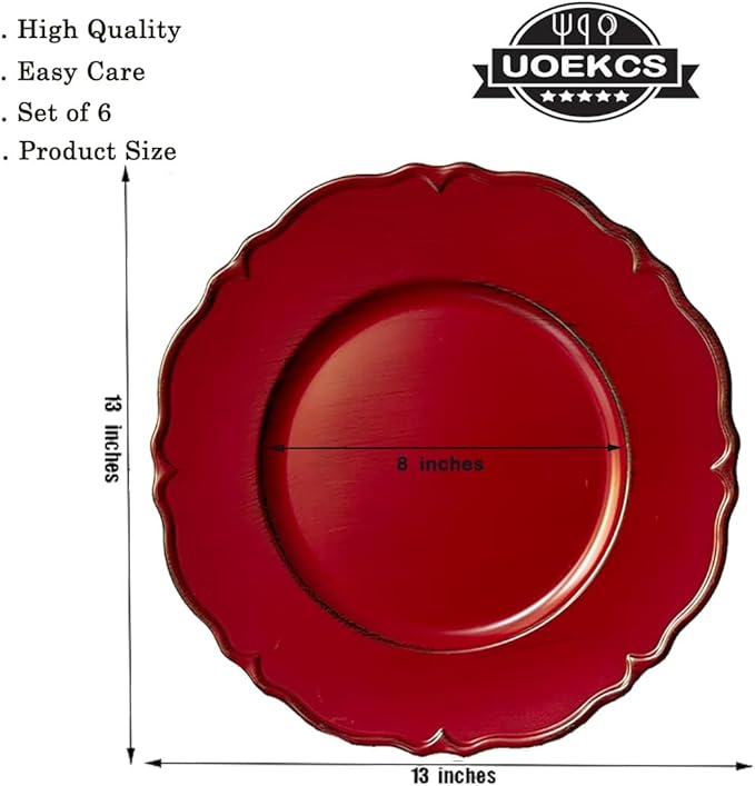 Antique Red Charger Plates Set of 6, 13" Plate Charger for Dinner Plates, Plastic Round charger plates bulk Wedding, Events, Party, Tabletop Decor.