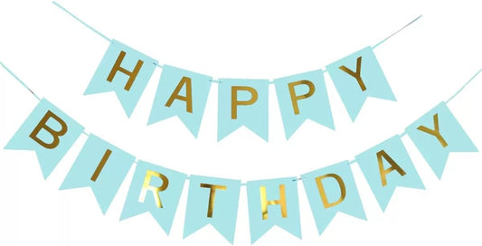 BLUE Happy Birthday Banner - Large Gold Lettered Decor for Birthday Party, Reusable Black & Gold Party Supplies for Boys, Girls, Men, Women