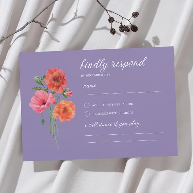 Personalized Wedding RSVP Cards On Glossy Thick Card With Envelope, Personalized Reponse, 5 x 3.5 Inches, Set of 15 Custom Cards with White Envelopes (Purple)