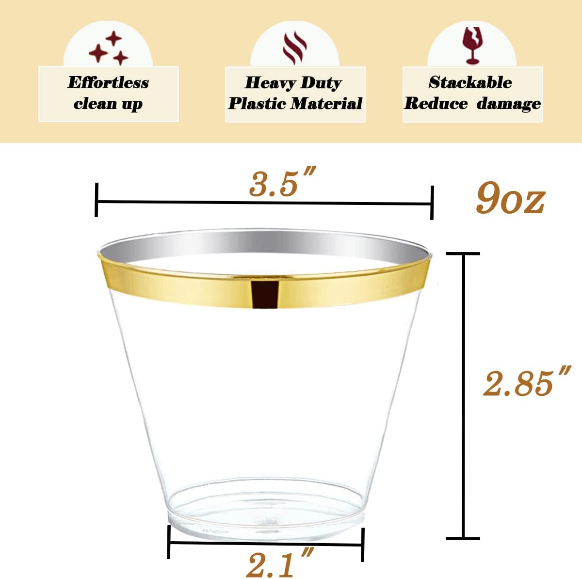 WDF 200 Pack Gold Plastic Cups - 9 Oz Elegant Clear Plastic Cups Gold Rimmed - Fancy Disposable Party Cup Wedding Cup Drinking Tumblers Cocktail Glasses for Thanksgiving