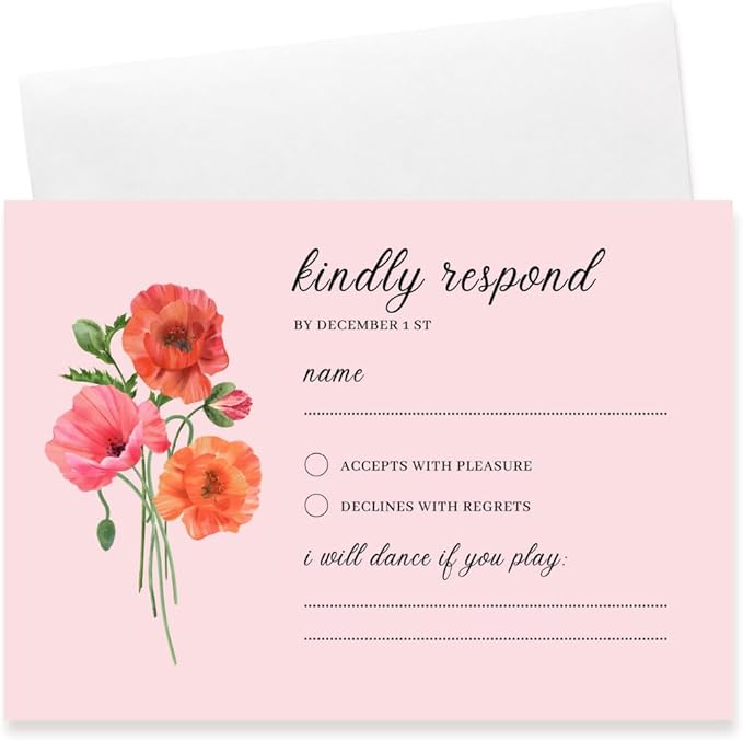 Personalized Wedding RSVP Cards On Glossy Thick Card With Envelope, Personalized Reponse, 5 x 3.5 Inches, Set of 15 Custom Cards with White Envelopes (Pink)