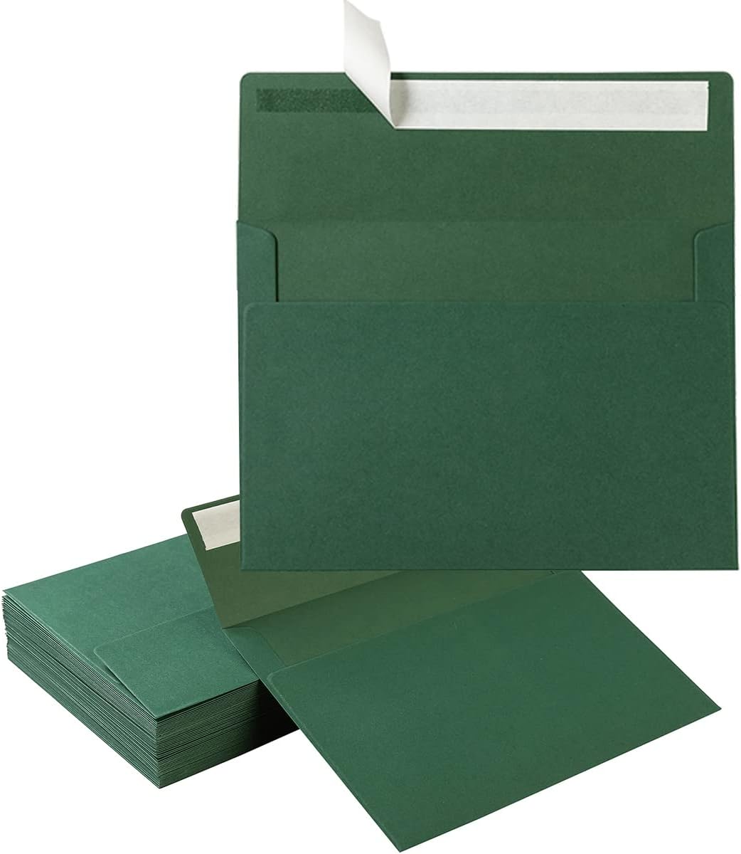 50 Pack 5 x 7 Envelopes Colored Self Seal for Wedding, Party Invitations, Greeting Cards, Announcements, Photos, 5.24 x 7.21 Inches (Dark Green)