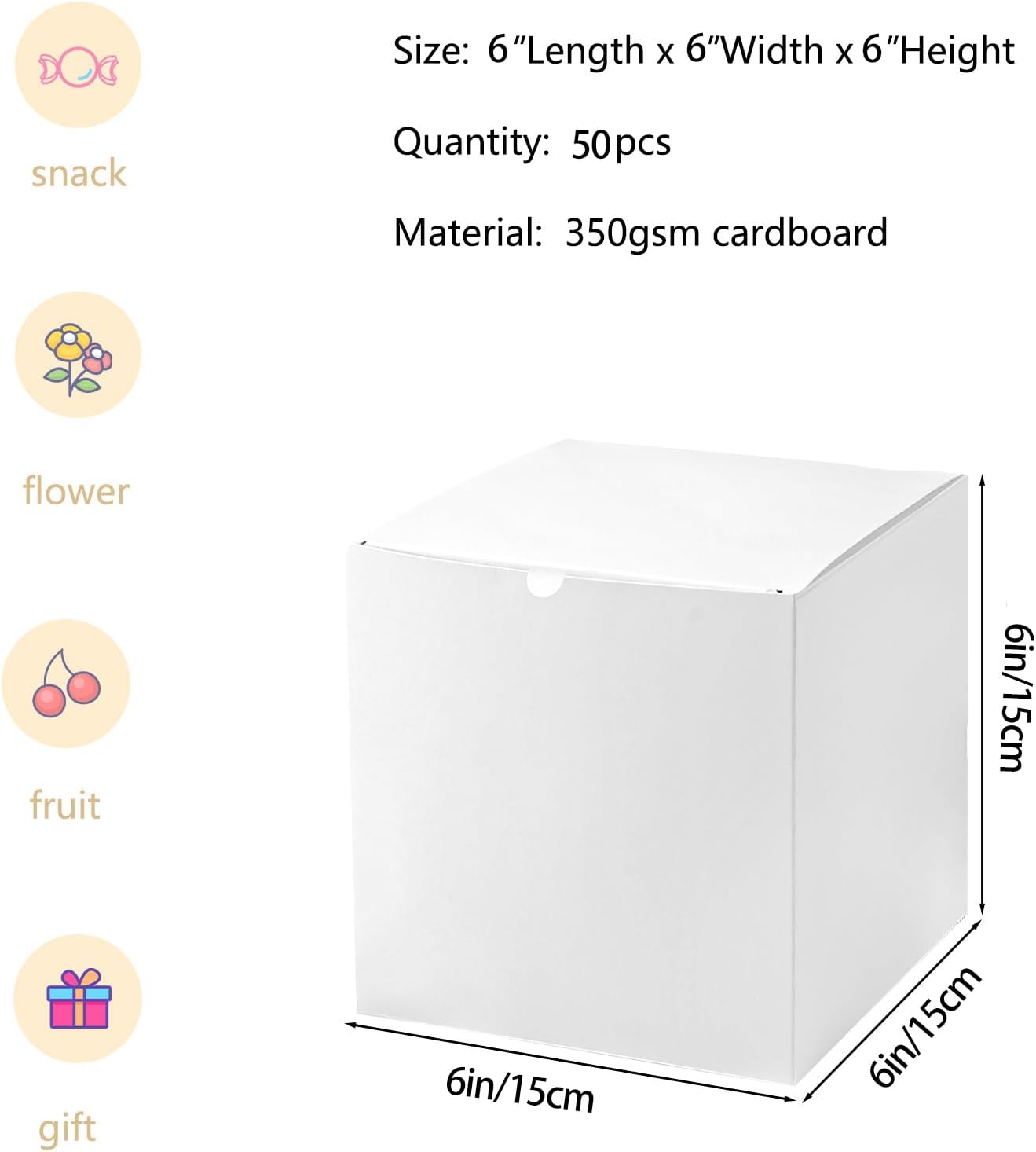 SHIPKEY 50 PCS White Cardboard Gift Boxes with lids | 6x6x6 Inches Square Boxes | Medium Boxes Suitable for Party, Wedding, Christmas, Holidays, Birthdays and All Other Occasions (15x15x15cm)