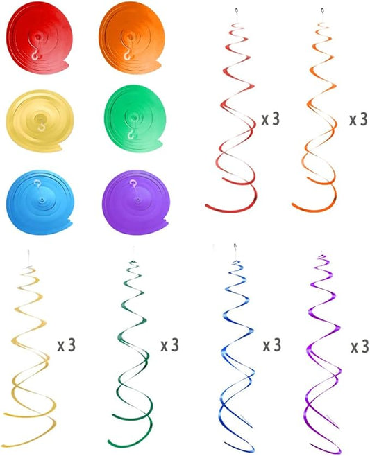MOWO Colorful Rainbow Foil Swirl Hanging Decoration Streamer for Birthday Graduation Wedding Pride Theme Party Supplies, Gold Red Orange Green Blue and Purple, Pack of 18