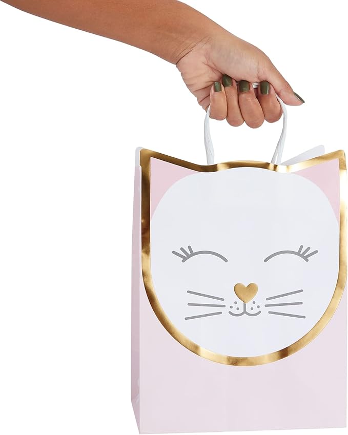 Sparkle and Bash Cat Gift Bags for Birthday Party Favors - 8 x 10 x 4.7 in, Pack of 15 & 20 White Tissue Sheets - Kitten Party Bags & Candy Treat Pouches
