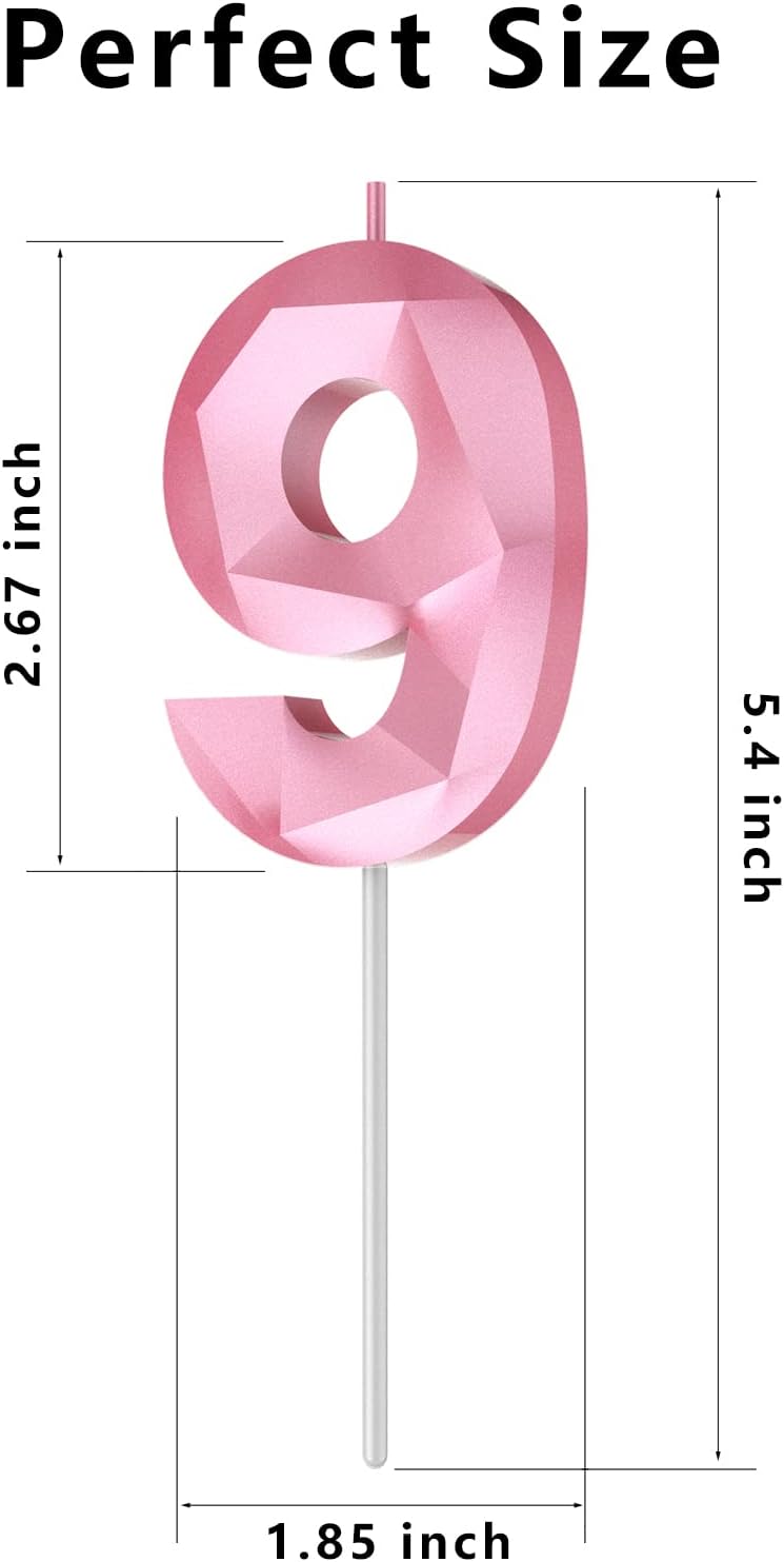 Number Birthday Candles(9 Candle Pink) 3D Diamond Shape 9th Happy Birthday Cake Topper Decorations for Girl Women Birthday Wedding Anniversary Celebration Theme Party Supplies