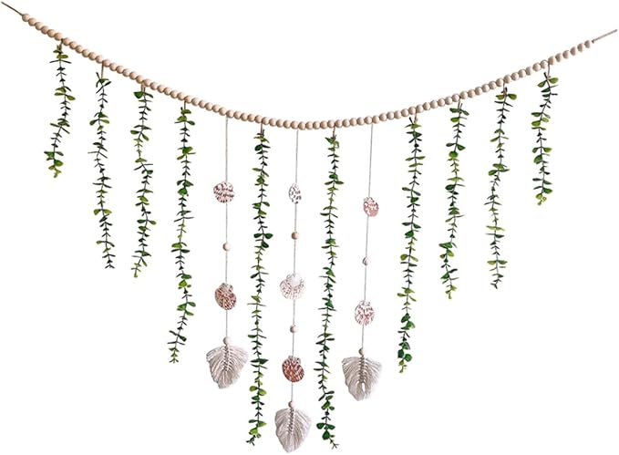 Boho Eucalyptus Leaf Wall Hanging Decor Artificial Garland Wooden Beads Decor