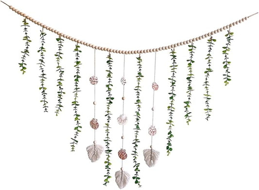Boho Eucalyptus Leaf Wall Hanging Decor Artificial Garland Wooden Beads Decor