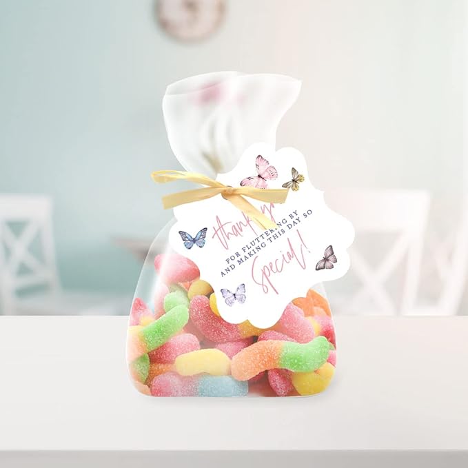 Andaz Press Fancy Frame Kids Party Favor Thank You Tags with String, 48-Pack Butterfly Birthday Gift Tags for Gift Bags, Favor Bags, Goody Bags, Girls, Pastel Butterfly 1st Birthday Party Favors