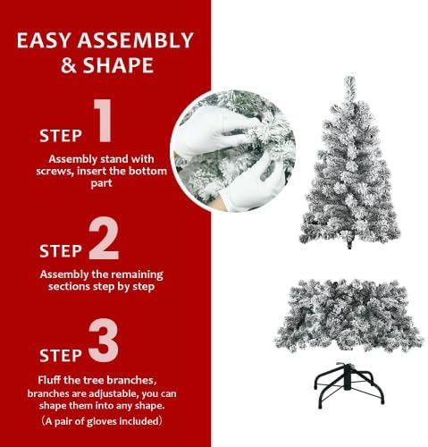 5FT Flocked Christmas Tree – Artificial Snowy Holiday Tree with 1022 Tips, Full Shape PVC, Sturdy Metal Stand, for Holiday Party