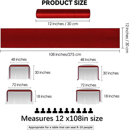 12 Pack Satin Table Runner 12 x 108 Inch Long Satin Table Runners for Wedding Banquet Graduations Birthday Party Decoration (Wine Red)