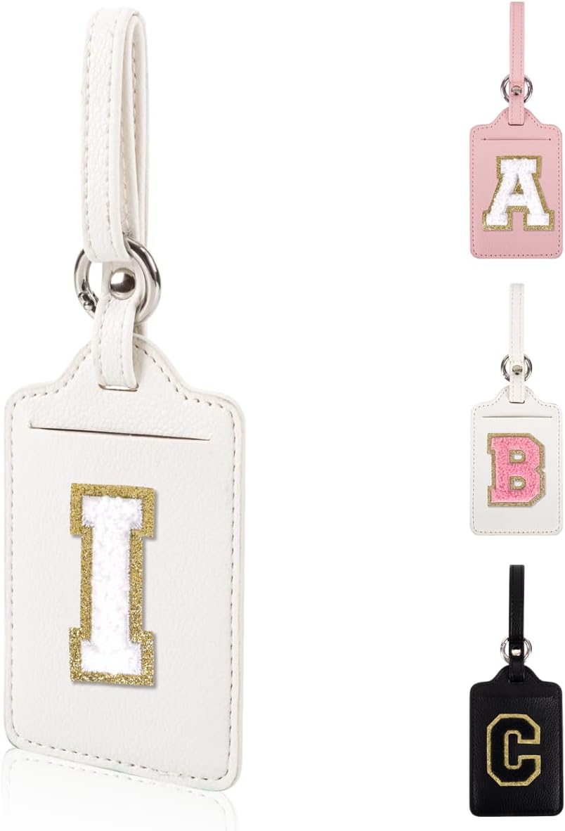 Personalized Initial Luggage Tags for Suitcases, Leather Chenille Letter Cute Luggage Tags with Privacy Name Card, Embroidered Travel Bag Backpack Tags Gifts for Women Kids Girls Teens(White-I)