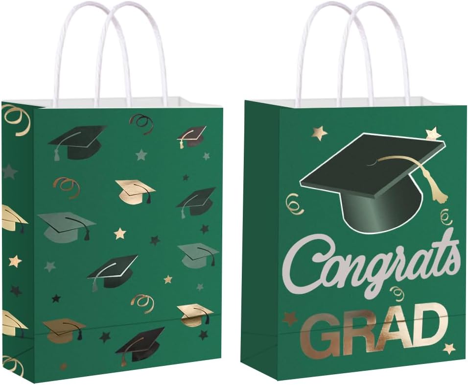 12 Pieces Graduate Gift Bags, Graduation Party Favor Gifts Wrapping Bags for Graduation Season Theme Party Supplies Decoration (Green Gold)