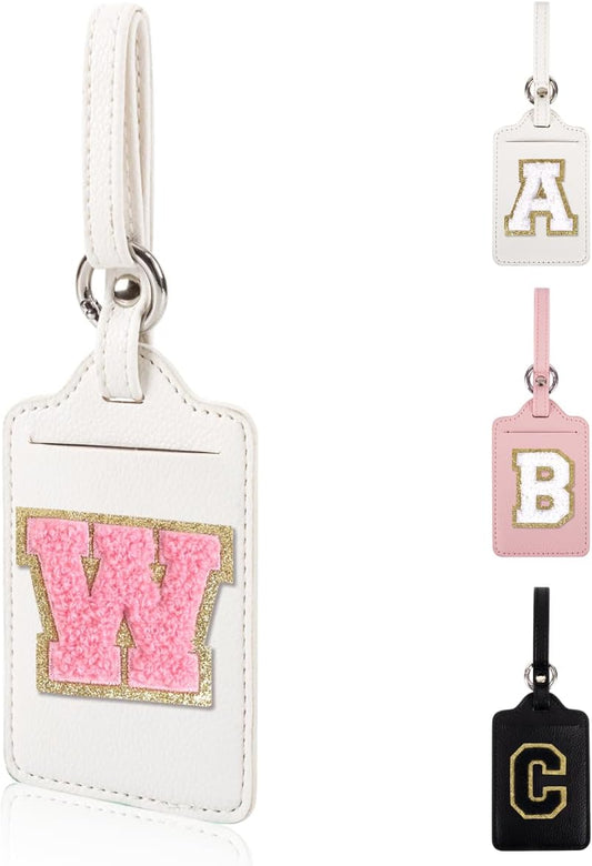 Personalized Initial Luggage Tags for Suitcases, Leather Chenille Letter Cute Luggage Tags with Privacy Name Card, Embroidered Travel Bag Backpack Tags Gifts for Women Kids Girls Teens(White-W)