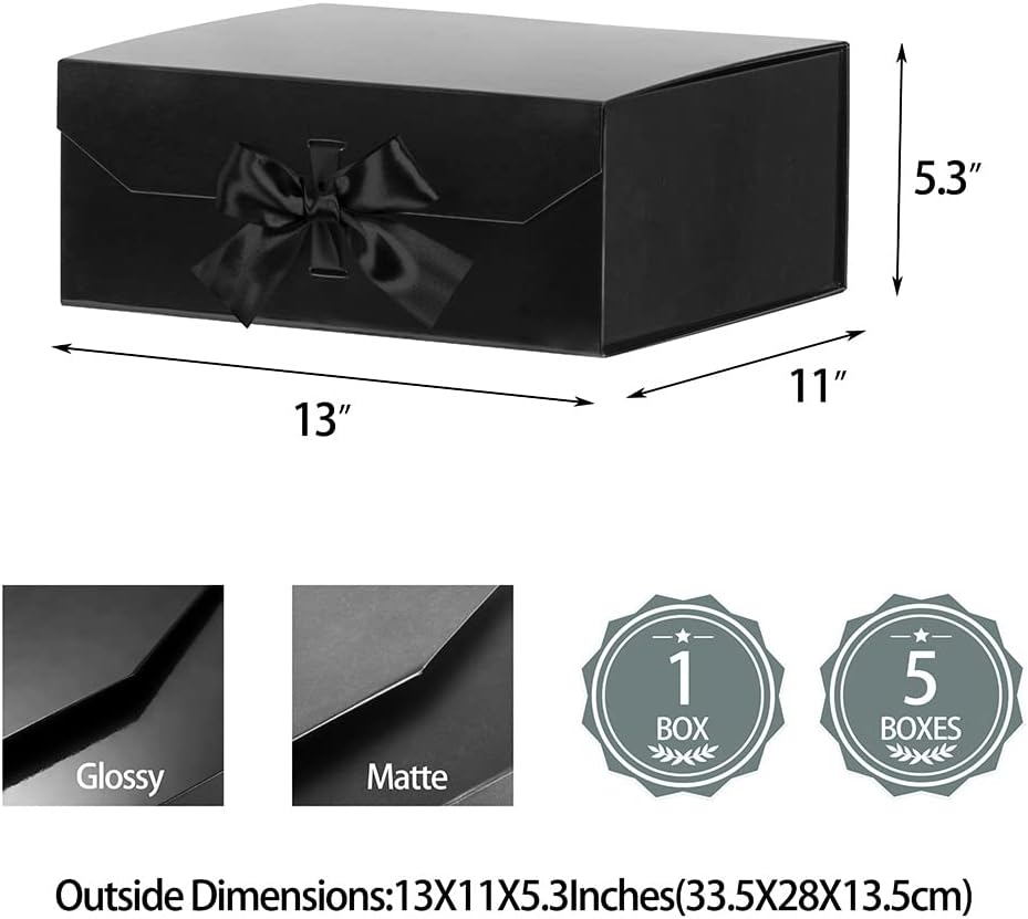 Glossy Black Collapsible Rectangle Gift Box - 13x11x5.3 Inches, Magnetic Lid Closure, Perfect for Men's Shoes or Christmas Gifts