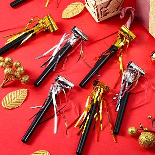 Sumind 36 Pieces Party Blower Noisemakers Party Squawkers Blowouts Whistles Fringed Noise Maker in Gold and Silver Musical Blowouts for Birthday Supplies
