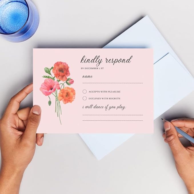 Personalized Wedding RSVP Cards On Glossy Thick Card With Envelope, Personalized Reponse, 5 x 3.5 Inches, Set of 15 Custom Cards with White Envelopes (Pink)