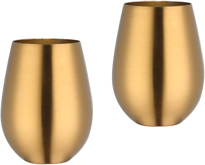 Buyer Star 304 Stainless Steel Wine Glasses Set of 2 - Large 17 oz Outdoor Stemless Wine Tumblers - 100% Unbreakable & Stemless Metal Drinking Cups for Home and Outdoors Dishwasher safe (Gold)