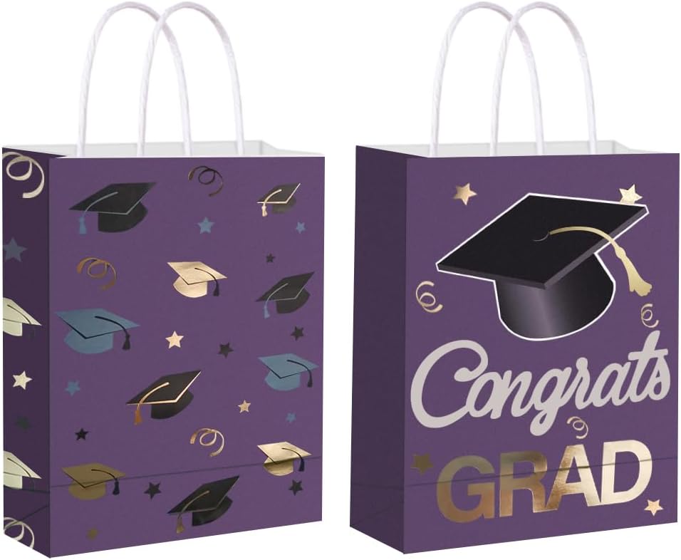 12 Pieces Graduate Gift Bags, Graduation Party Favor Gifts Wrapping Bags for Graduation Season Theme Party Supplies Decoration (Purple Gold)