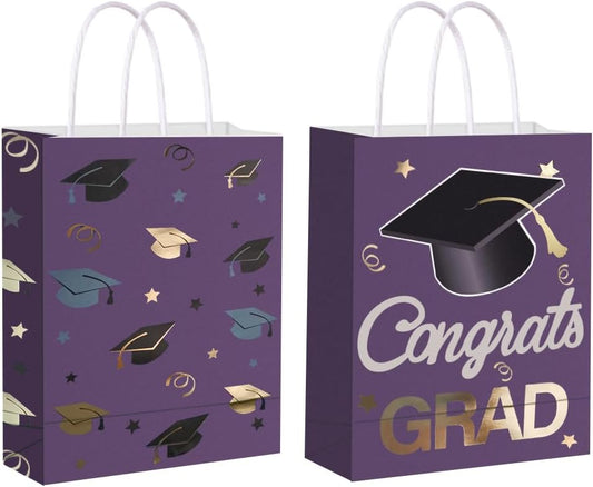 12 Pieces Graduate Gift Bags, Graduation Party Favor Gifts Wrapping Bags for Graduation Season Theme Party Supplies Decoration (Purple Gold)