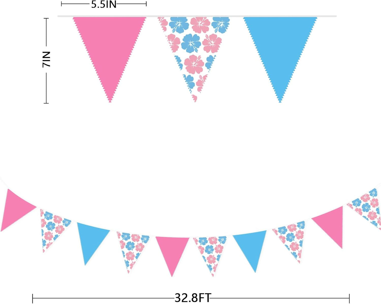 32Ft Cartoon Birthday Party Decorations Pink Blue Hawaiian Hibiscus Flower Triangle Flag Pennant Banner Fabric Garland Streamer for Luau Hawaii Tropical Ohana Baby Shower Gender Reveal Summer Decor