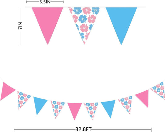 32Ft Cartoon Birthday Party Decorations Pink Blue Hawaiian Hibiscus Flower Triangle Flag Pennant Banner Fabric Garland Streamer for Luau Hawaii Tropical Ohana Baby Shower Gender Reveal Summer Decor