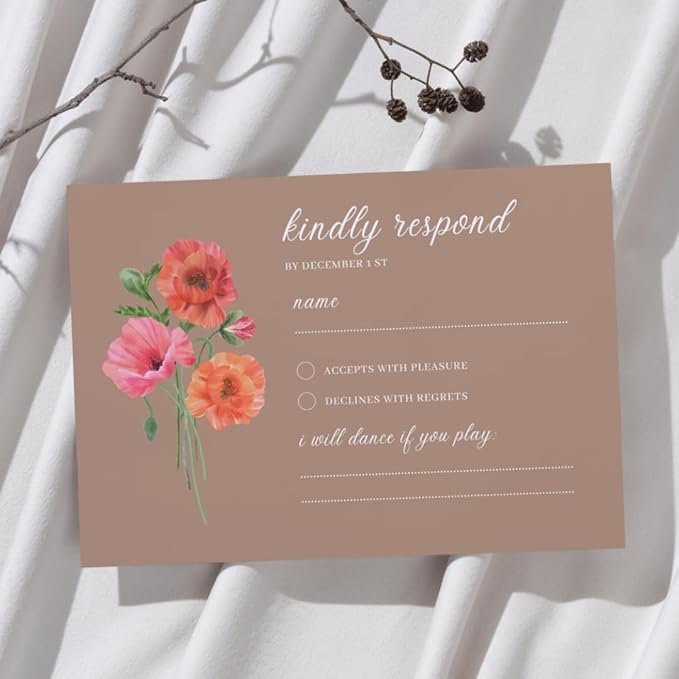 Personalized Wedding RSVP Cards On Glossy Thick Card With Envelope, Personalized Reponse, 5 x 3.5 Inches, Set of 15 Custom Cards with White Envelopes (Brown)