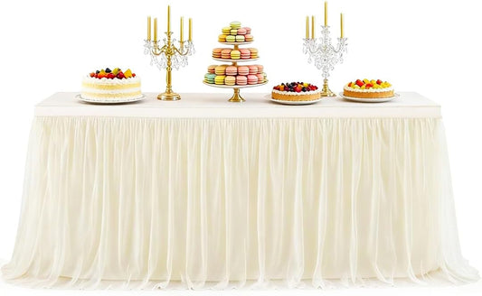 6Ft Champagne Tulle Table Skirts for Rectangle Tables Covers Ruffle Tutu Cloth Table Skirt, 72X30.3'' Tulle Tablecloth for Wedding Round Table Bridal Baby Shower Birthday Banquet Party Decorations