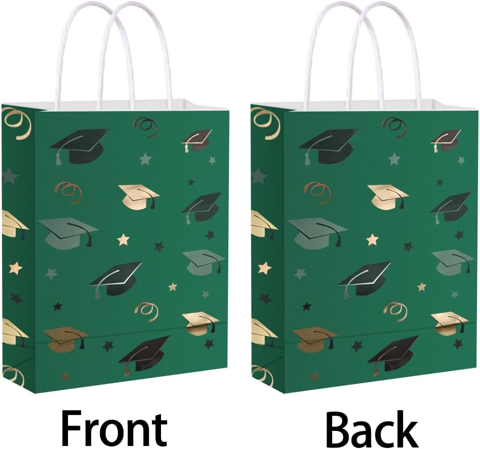 12 Pieces Graduate Gift Bags, Graduation Party Favor Gifts Wrapping Bags for Graduation Season Theme Party Supplies Decoration (Green Gold)