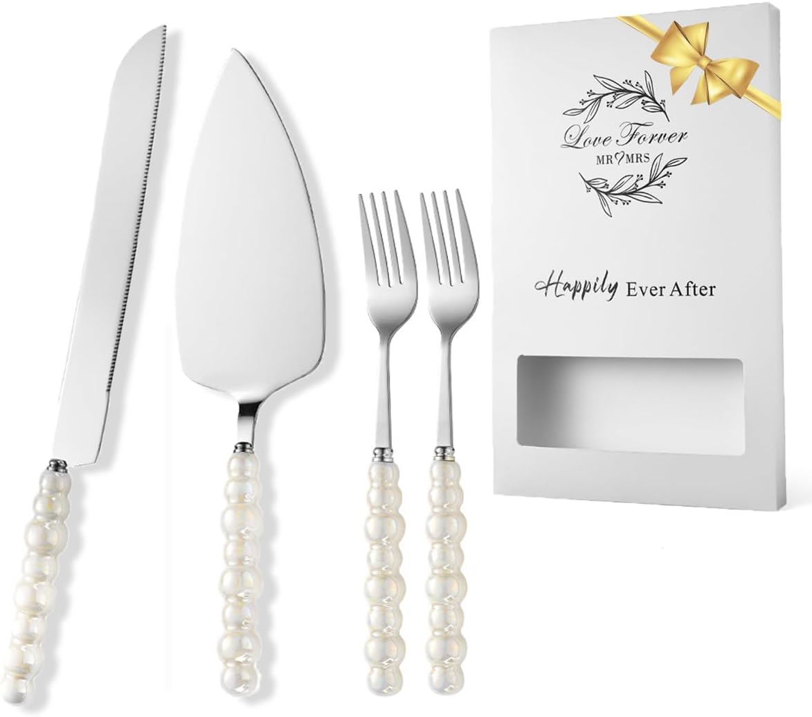 4 Pcs Wedding Cake Knife and Server Set, Ceramic Pearl Handle Cake Cutting Set for Wedding, Stainless Steel Pie Cutter, Bridal Shower Gifts, Engagement Gift for Couples (Silver)