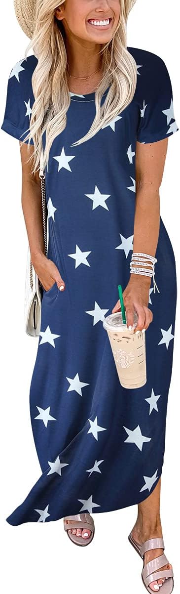 ANRABESS Womens Summer Maxi Dress Short Sleeve Casual Loose Long T Shirt Dresses Split Vacation Beach Sundress Travel Outfits