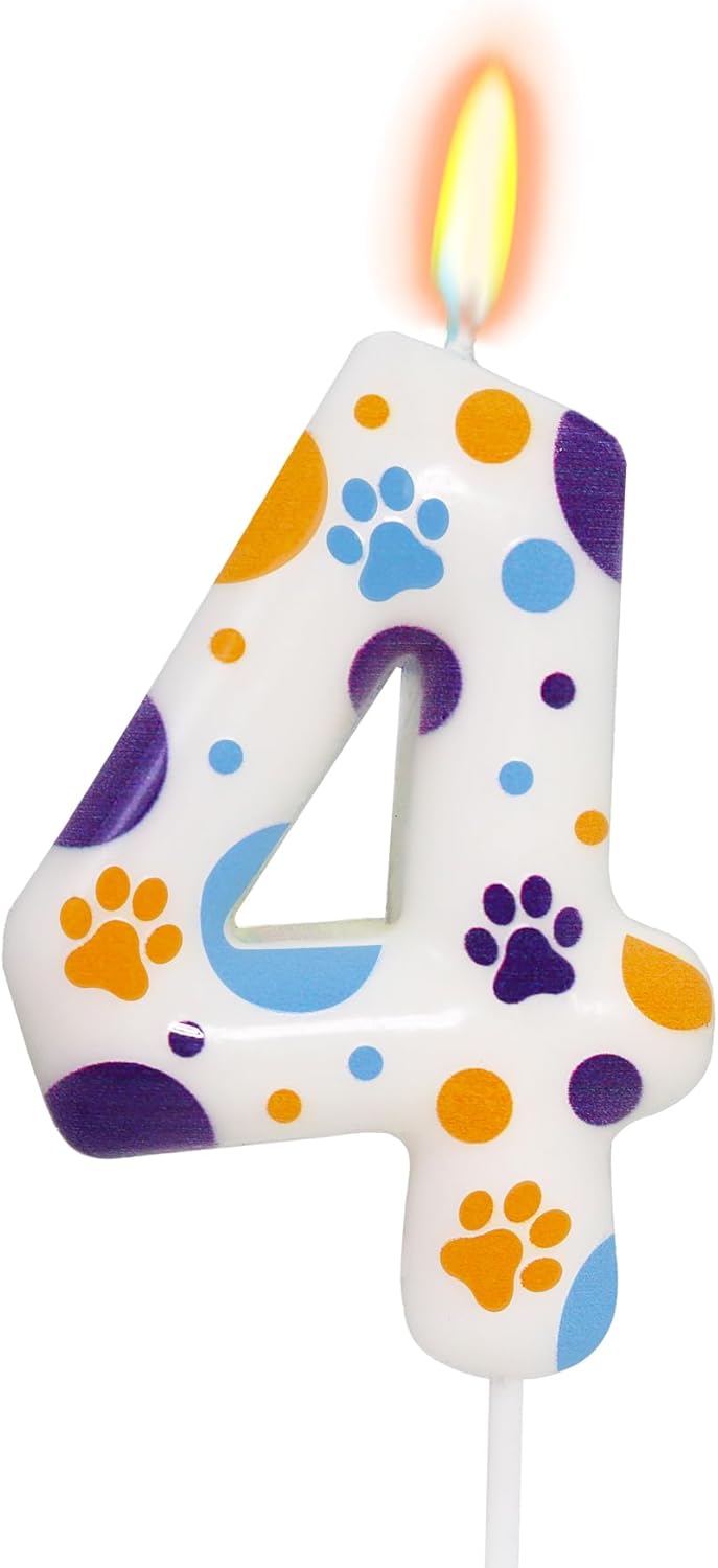 Blue Dog Paw Themed Birthday Candles, Number 4 Blue Dog Birthday Party Supplies, 2.76 inch Cake Topper Decorations, Birthday Decorations for Kids (Number 4)