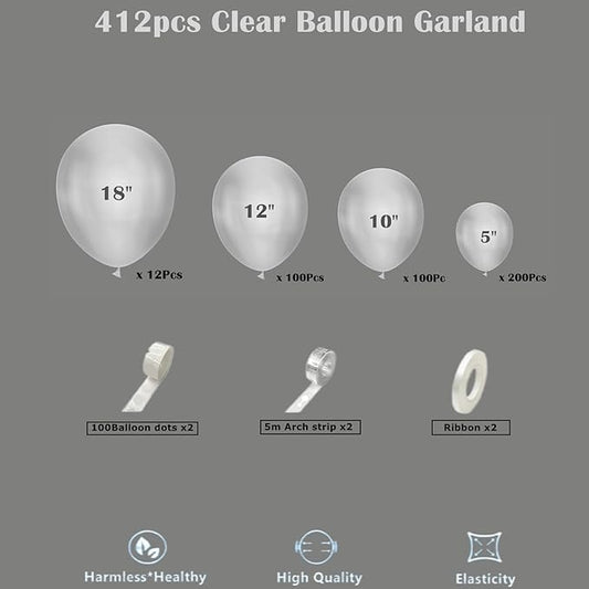 412pcs Clear Balloon Garland Arch Kit 18 12 10 5 Inch Different Sizes Matte Latex Crystal Transparent Balloons for Baby Shower Birthday Wedding Graduation Anniversary Party Decoration