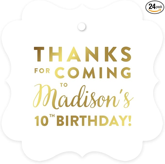 Andaz Press Personalized Fancy Frame Square Birthday Gift Tags, Metallic Gold Ink, Thanks for Coming to Madison's 10th Birthday Block Style, 24-Pack, Custom Made Name Age