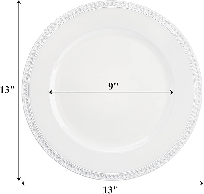 Okllen 12 Pack Plastic Round Charger Plates, 13" Dinner Chargers Decorative Plates with Beaded Rim, Embossed Charger Serving Plates for Wedding, Catering Event, Tabletop Decor, White