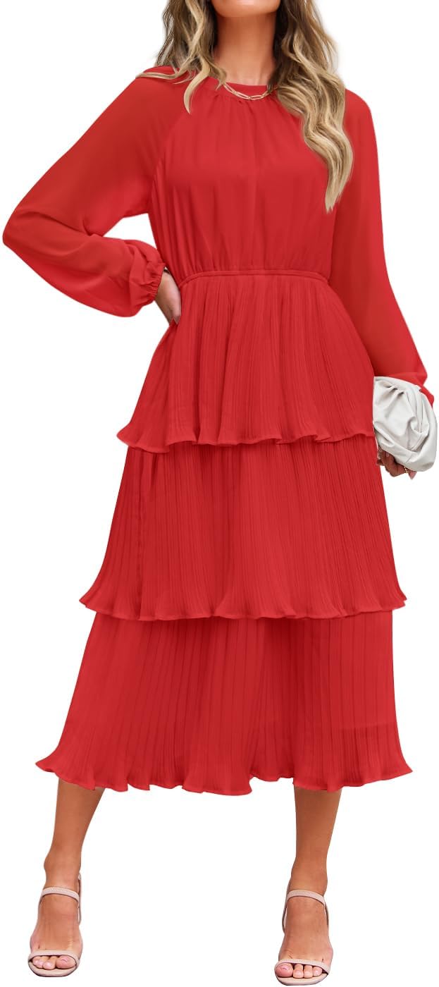 ZESICA Women's 2025 Long Sleeve Crew Neck Ruffle Tiered Layered Chiffon Flowy Swing Long Midi Dress