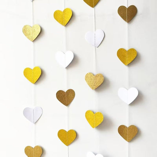 52 Feet White Gold Heart Streamers Garland Hanging Paper Banner Party Decorations for Christmas Wedding Engagement Bachelorette Baby Bridal Shower