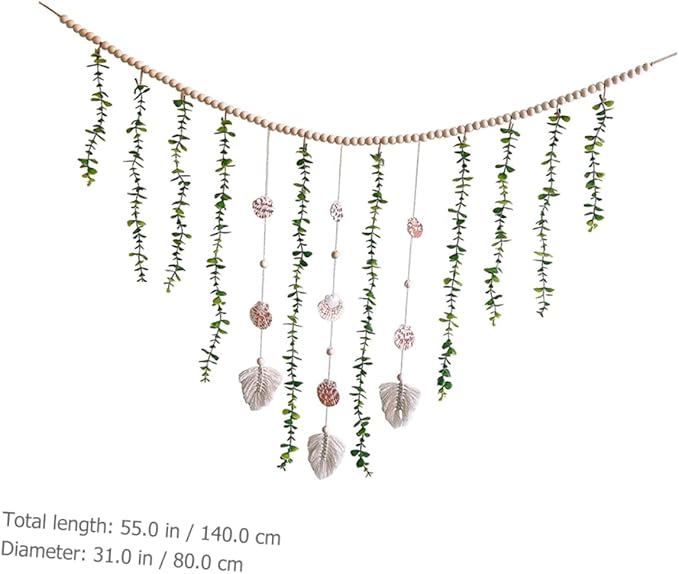 Wooden Bead Wall Garland Artificial Eucalyptus Leaves Rustic Home Decor for Bedroom and Weddings 1 Piece